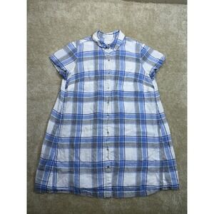 J Jill Love Linen Short Sleeve Dress Womens XL Petite Blue White Plaid